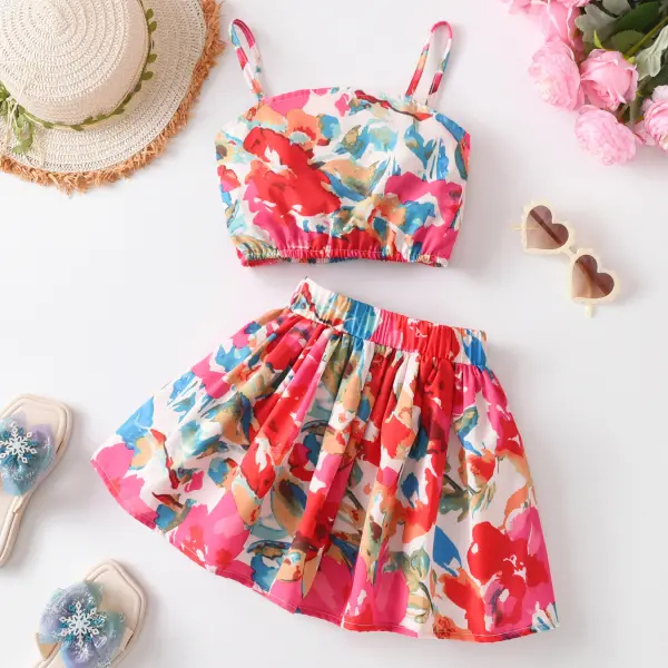 【3Y-8Y】2-piece Girls Sweet Holiday Floral Print Suspenders Vest And Skirt Set - Popopieshop.com 