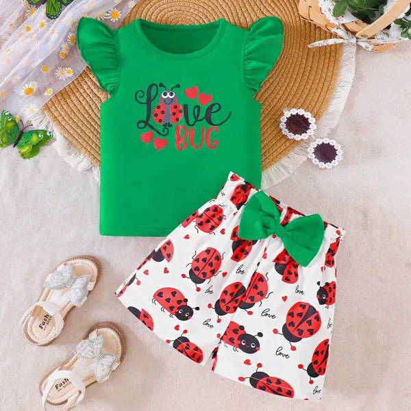 【2Y-7Y】2-piece Girls Casual Cute Ladybug And Letter Print Green T-shirt And White Shorts Set - Popopieshop.com 