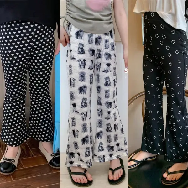 【12M-10Y】Girls Cute Cat Heart Shaped Smiley Face Printed Flared Pants - Popopieshop.com 