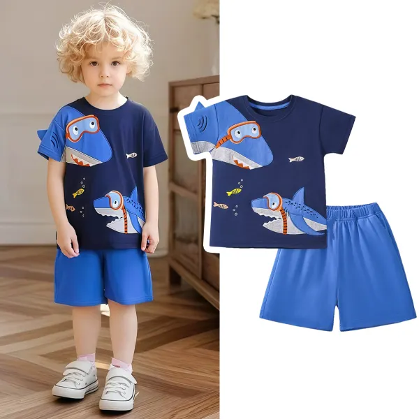【1Y-7Y】2-piece Boys Casual Shark Embroidered Blue T-shirt And Shorts Set - Popopieshop.com 