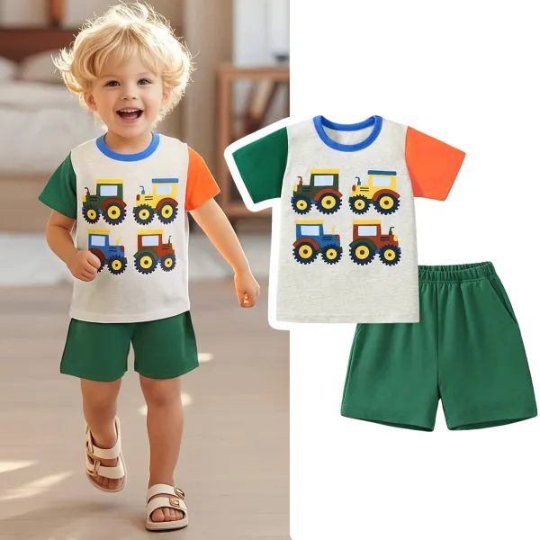 【1Y-7Y】2-piece Boys Casual Colorful Tractor Print Color Block Patchwork T-shirt And Shorts Set - Popopieshop.com 