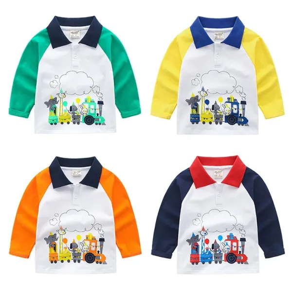 【18M-6Y】Boys Casual Cartoon Animal Print Long Sleeve Polo Shirt - Popopieshop.com 