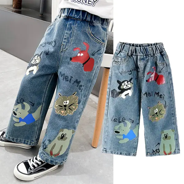 【18M-10Y】Girls Fashion Cartoon Print Wide Leg Jeans - Popopieshop.com 