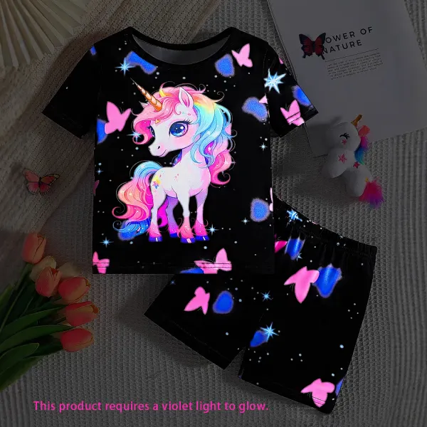 【2Y-7Y】2-piece Girls Sweet And Cute Unicorn And Butterfly Print Luminous Pattern Loungewear Set - Popopieshop.com 