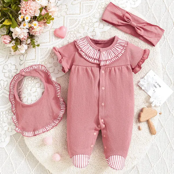 【0M-9M】3-piece Baby Girls Pink Striped Short Sleeve Romper With Hairband And Bib Only $15.99 - Popopieshop.com 