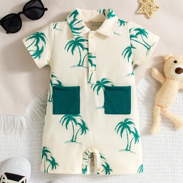 【0M-12M】Baby Boy Coconut Tree Print Short Sleeve Romper - Popopieshop.com 