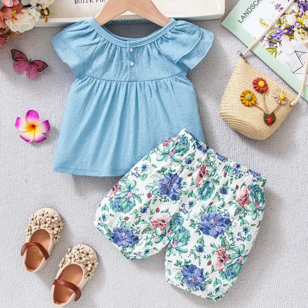 【9M-3Y】2-piece Girls Blue Short Sleeve T-shirt And Floral Shorts Set - Popopieshop.com 