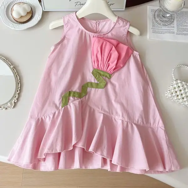 【18M-8Y】Girls Solid Color Cute Tulip Flower Fishtail Sleeveless Dress - Popopieshop.com 