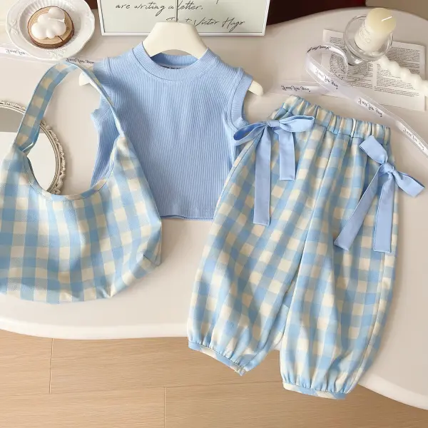 【18M-6Y】3-piece Girls Blue Top And Plaid Pants Set With Bag - Popopieshop.com 