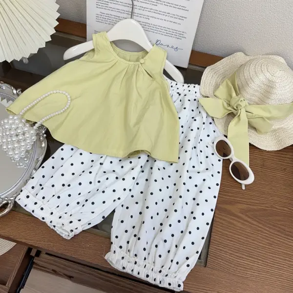【18M-7Y】3-Piece Girls Polka Dot Print Sleeveless Top And Bloomers Set With Hat - Popopieshop.com 
