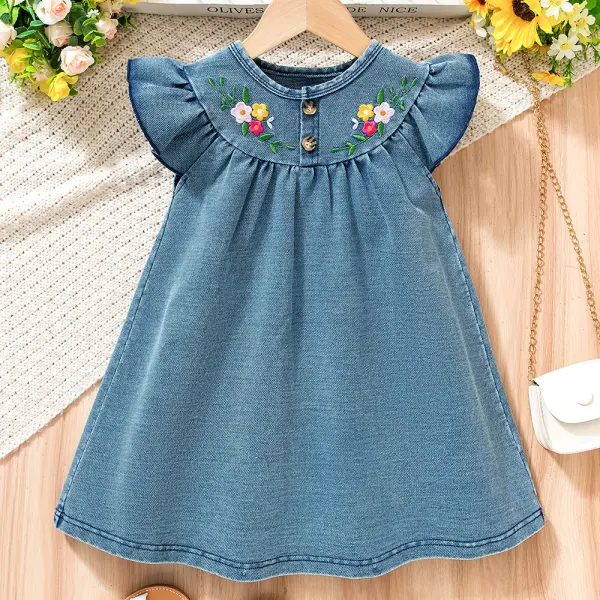 【3Y-7Y】Girls Blue Denim Floral Embroidered Dress - Popopieshop.com 