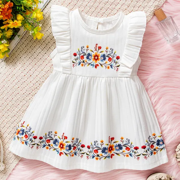 【9M-3Y】Girl White Floral Print Ruffle Dress - Popopieshop.com 