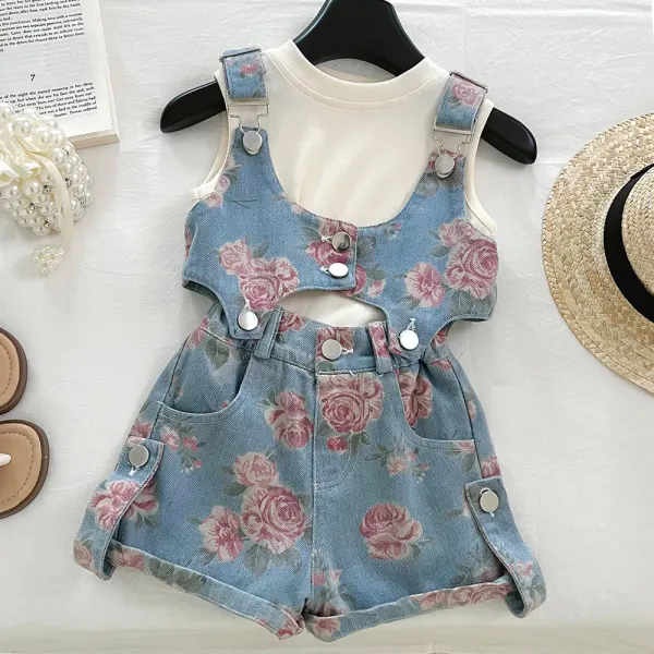 【18M-10Y】3-piece Girls Vest And Floral Denim Top And Shorts Set - Popopieshop.com 