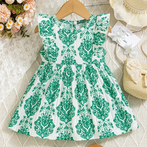 【9M-3Y】Girl Green Boho Printed Ruffle Dress - Popopieshop.com 