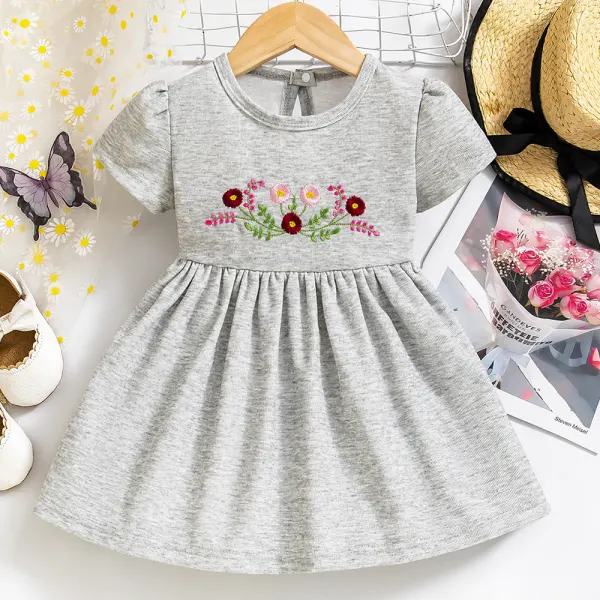【9M-3Y】Girl Gray Floral Embroidered Short Sleeve Dress - Popopieshop.com 