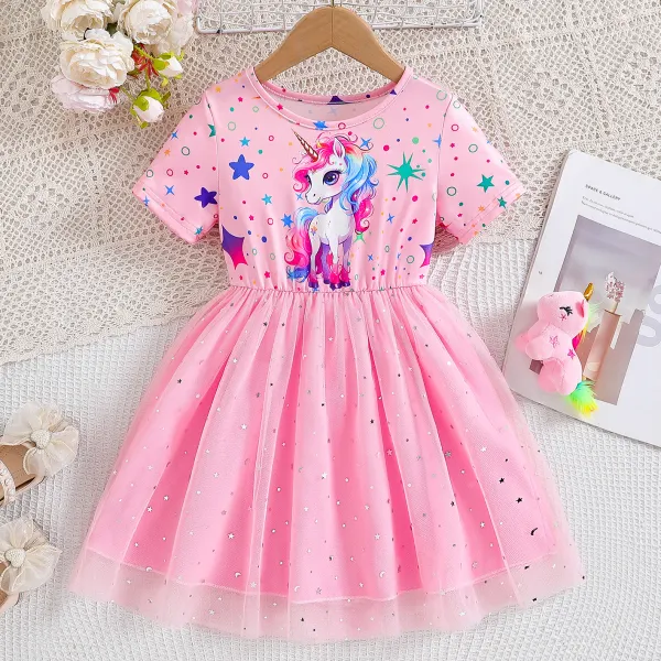 【18M-8Y】Girls Casual Cute Unicorn And Star Print Pink Dress - Popopieshop.com 