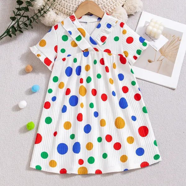 【3Y-7Y】Girls Colorful Polka Dot Print Short Sleeve Dress - Popopieshop.com 