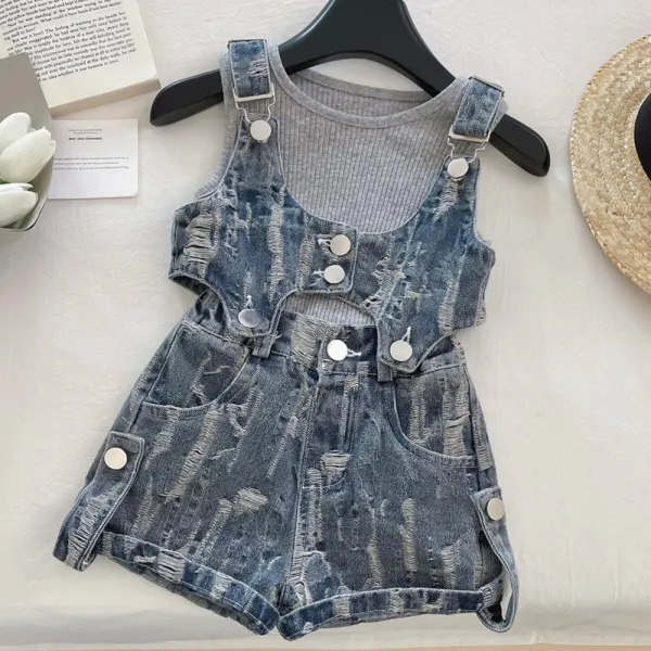 【18M-10Y】3-piece Girls Vest And Ripped Denim Top And Shorts Set - Popopieshop.com 