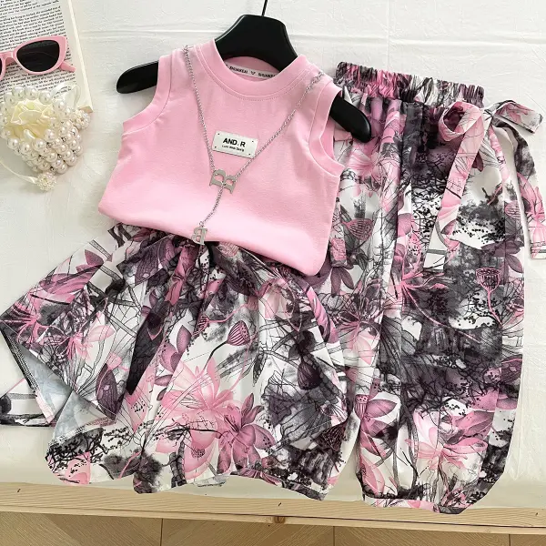 【18M-10Y】3-piece Girls Vest And Floral Shorts And Pants Set - Popopieshop.com 