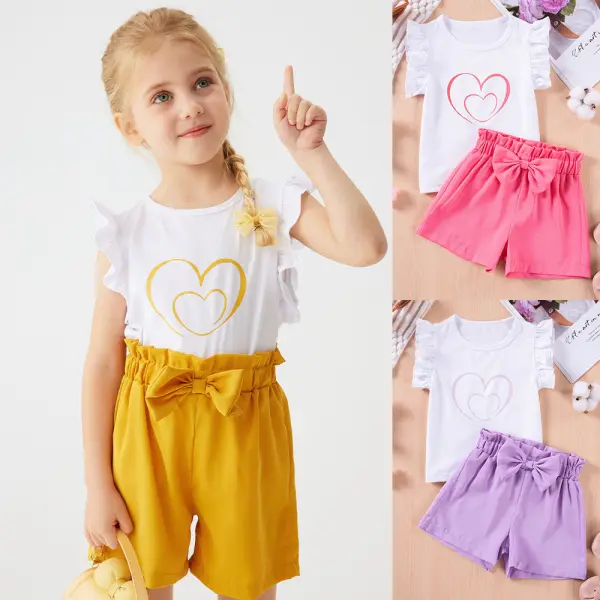 【12M-5Y】2-piece Girls Casual Heart Shape Printed White T-shirt And Shorts Set - Popopieshop.com 