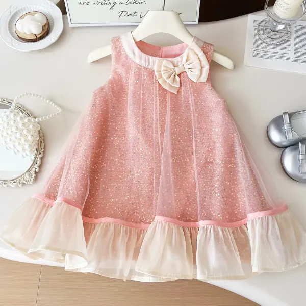 【18M-8Y】Girls Sweet And Elegant Bow Design Pink Hanging Neck Dress - Popopieshop.com 