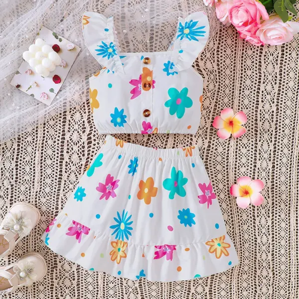 【2Y-7Y】2-piece Girls Sweet Holiday Floral Print Ruffle Top And Skirt Set - Popopieshop.com 