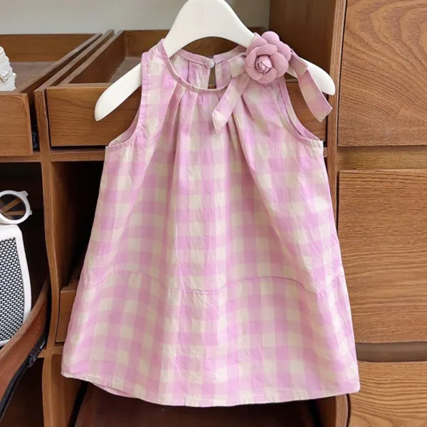 【18M-8Y】Girls Pink Plaid Bow Applique Sleeveless Dress - Popopieshop.com 