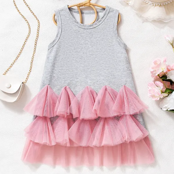 【4Y-8Y】Girls Gray Mesh Ruffle Sleeveless Dress - Popopieshop.com 