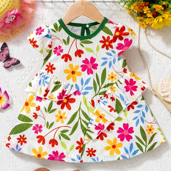 【9M-3Y】Girl White Floral Short Sleeve Dress - Popopieshop.com 