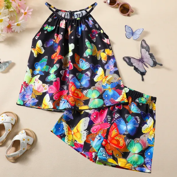 【1Y-8Y】2-piece Girls Butterfly Print Sling Top And Shorts Set - Popopieshop.com 