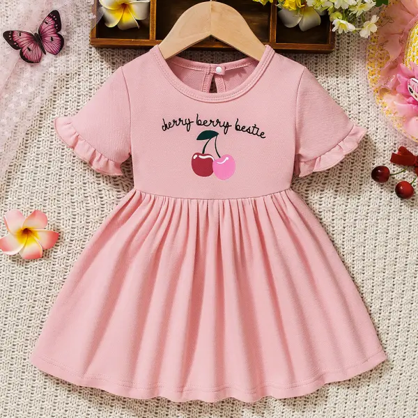 【9M-3Y】Girl Pink Cherry Print Short Sleeve Dress - Popopieshop.com 