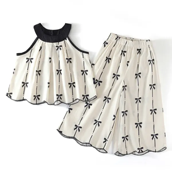 【18M-8Y】2-piece Girls Sweet Bow Print Beige Hanging Neck Top And Pants Set - Popopieshop.com 