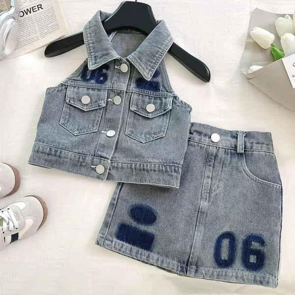 【18M-10Y】2-piece Girls Number Print Denim Top And Skirt Set - Popopieshop.com 