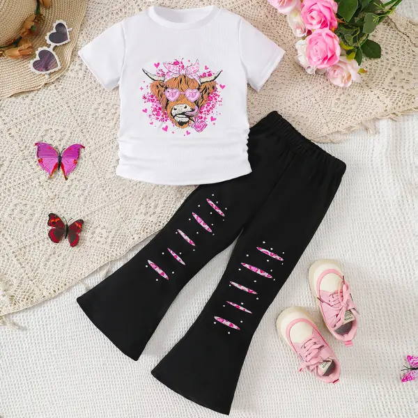 【2Y-8Y】2-piece Girls Cute Calf Print Short Sleeve T-shirt And Flared Pants Set - Popopieshop.com 