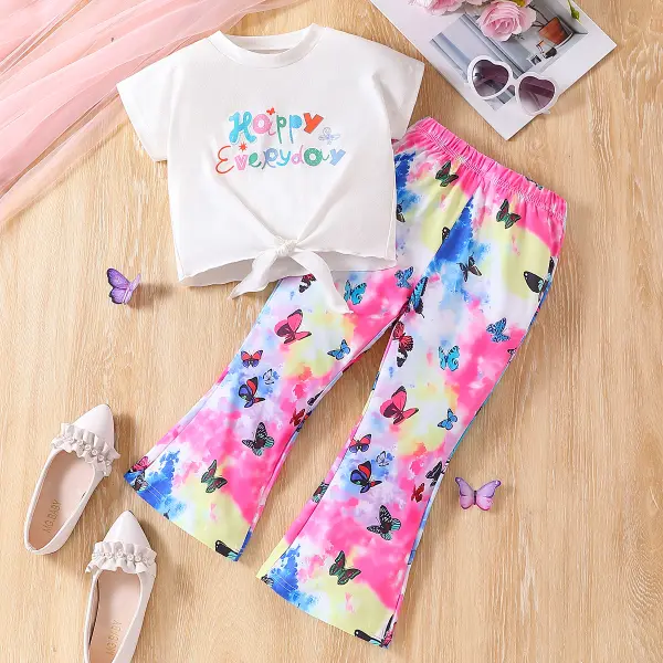【18M-6Y】2-piece Girls Cute Letter Print Short Sleeve T-shirt And Butterfly Flared Pants Set - Popopieshop.com 