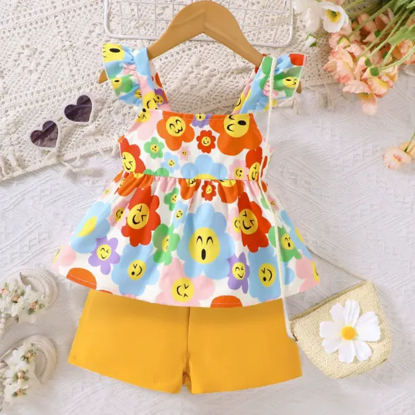 【2Y-7Y】3-piece Girls Sweet Floral Print Ruffle Top And Shorts Set With Crossbody Bag - Popopieshop.com 