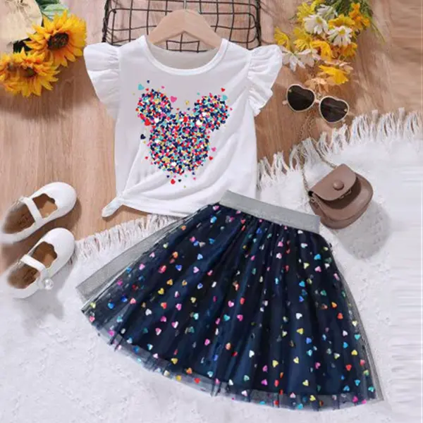 【18M-5Y】2-piece Girls Sweet Cartoon Printe Ruffled Top And Heart Shaped Sequined Mesh Tulle Puffy Skirt Set - Popopieshop.com 