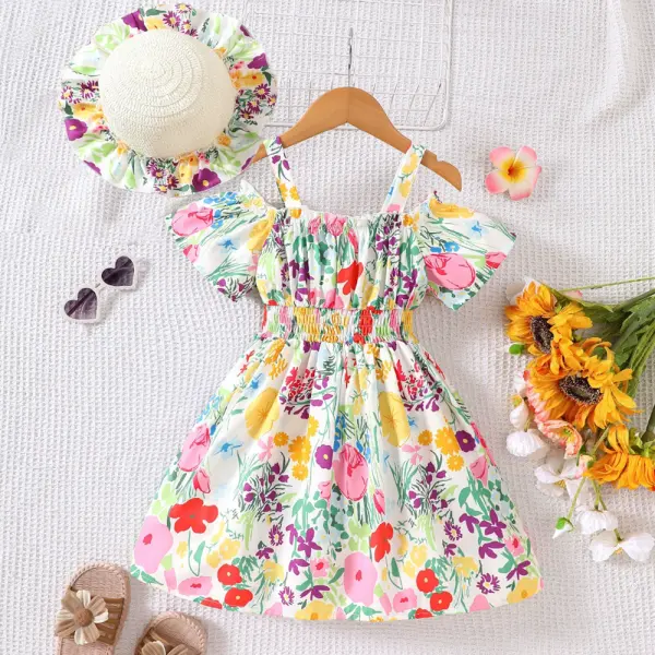 【2Y-7Y】2-piece Girls Sweet Holiday Floral Off-the-shoulder Puff Sleeve Dress With Hat - Popopieshop.com 