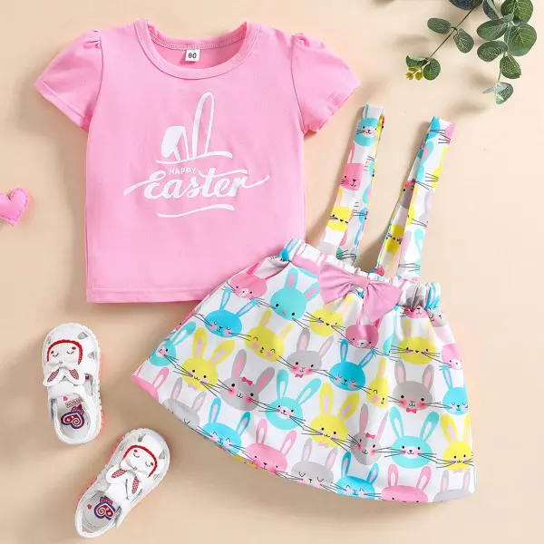 【12M-5Y】2-piece Girls Cute Easter Short Sleeve T-shirt And Colorful Bunny Strap Skirt Set - Popopieshop.com 