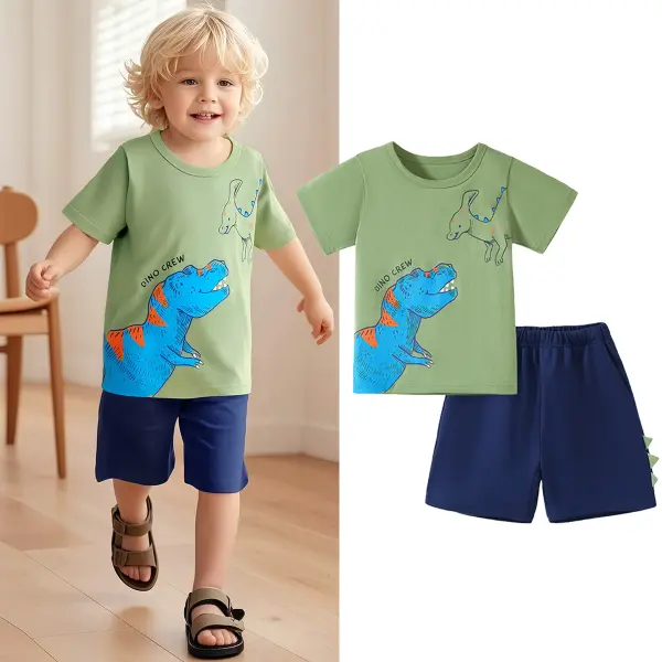 【18M-7Y】2-piece Boys Casual Cotton Dinosaur Print Short Sleeve T-shirt And Shorts Set - Popopieshop.com 
