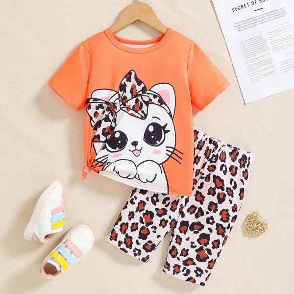 【3Y-7Y】2-piece Girls Cat Print Short Sleeve T-shirt And Leopard Print Shorts Set - Popopieshop.com 