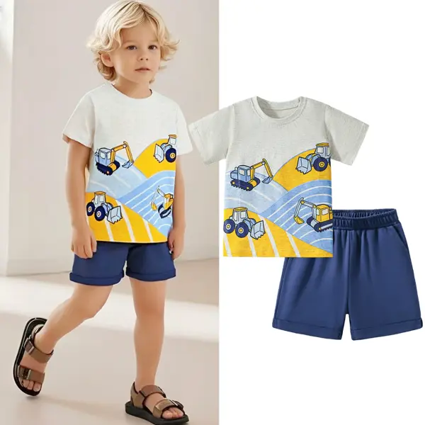 【18M-7Y】2-piece Boys Casual Cotton Excavator Bulldozer Print Short Sleeve T-shirt And Shorts Set - Popopieshop.com 