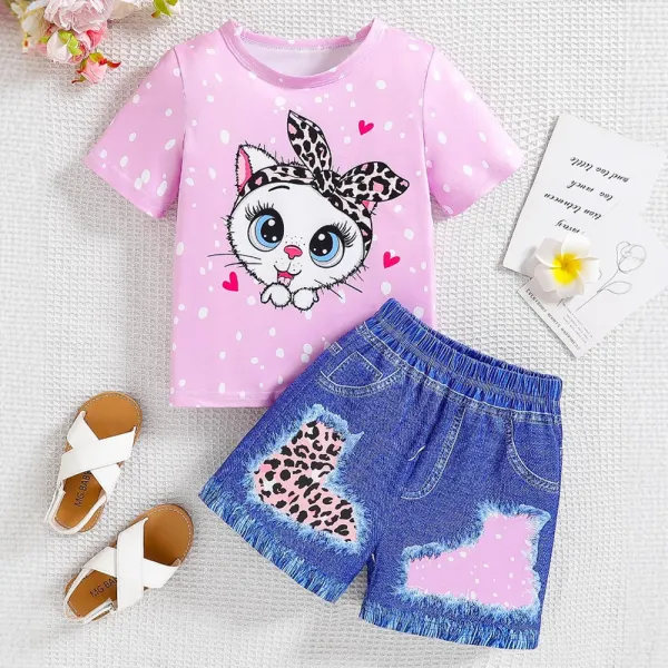 【3Y-7Y】2-piece Girls Cat Print Short Sleeve T-shirt And Shorts Set - Popopieshop.com 