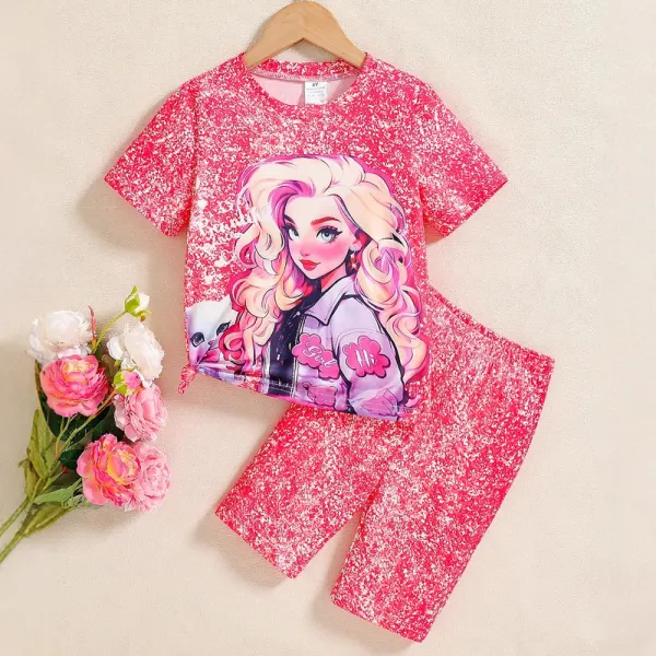 【3Y-7Y】2-piece Girls Cartoon Princess Printed Short Sleeve T-shirt And Shorts Set - Popopieshop.com 