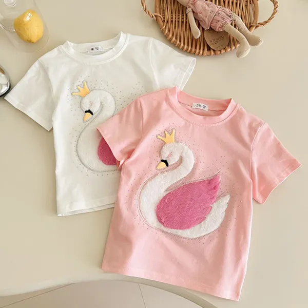 【18M-10Y】Girls Swan Embroidered Short Sleeve T-shirt - Popopieshop.com 