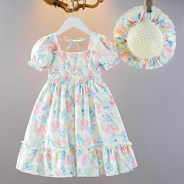 【3Y-10Y】2-piece Girls Sweet Elegant Floral Printed Square Neck Dress With Free Hat - Popopieshop.com 