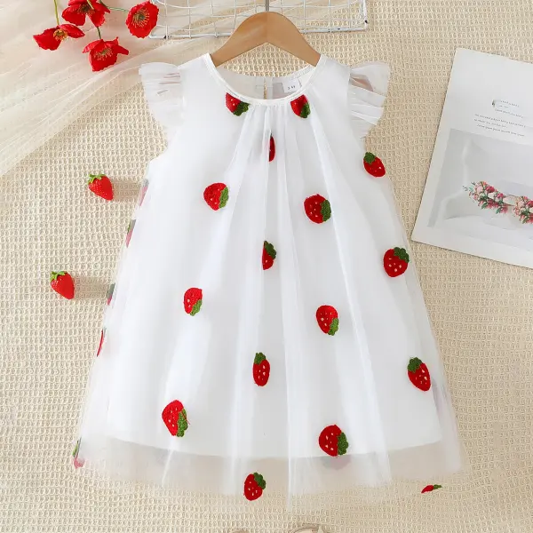 【3Y-10Y】Girls Sweet Strawberry Embroidery Mesh Sleeveless Princess Dress - Popopieshop.com 