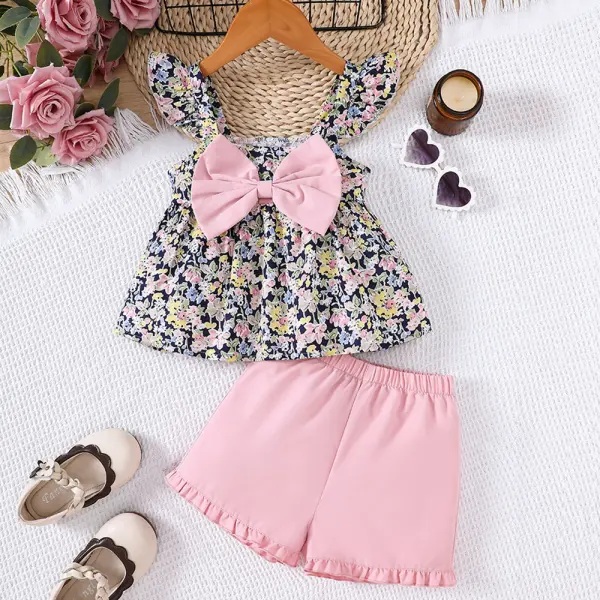 【2Y-7Y】2-piece Girls Sweet Floral Ruffle Bowknot Top And Shorts Set - Popopieshop.com 