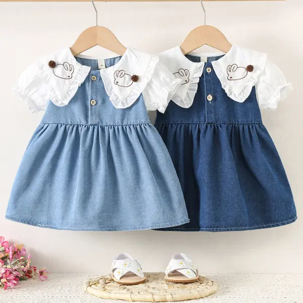 【6M-4Y】Girls Sweet Fake Two-piece Rabbit Embroidery Colorblock Lapel Dress - Popopieshop.com 