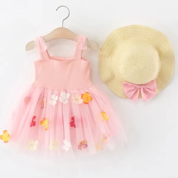 【6M-4Y】2-piece Girls Sweet 3D Flower Fluffy Mesh Suspender Princess Dress With Hat - Popopieshop.com 